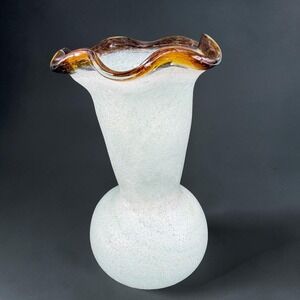 Hand Blown Art Glass Vase Seafoam Green Amber Ruffled Rim Bubbles 7inch Tall